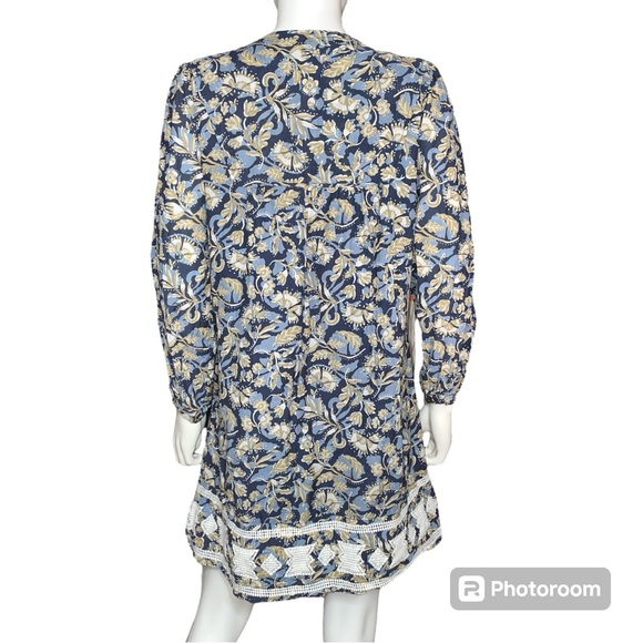 Lucky Brand Floral Embroidered Cottagecore Mini Dress Navy Beige White Size M - Picture 2 of 11